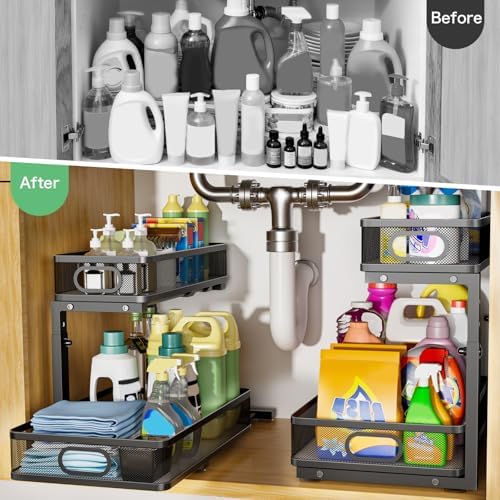 Under Sink Organizer 2 Pack, High Adjustable 2 Tier Under Sink Organizers and Storage, Slide out Metal Cabinet Organizers, Pull out Storage Drawer Shelf for Kitchen Bathroom Cabinet (Black) - Image 3