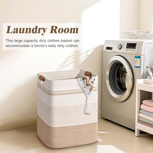 Laundry Hamper, 95L Tall Laundry Basket with Leather Handles, Rectangle Large Clothes Hamper for Organizing, Cotton Woven Laundry Baskets Storage Hampers for Bedroom, Nursery, Living Room - Image 4