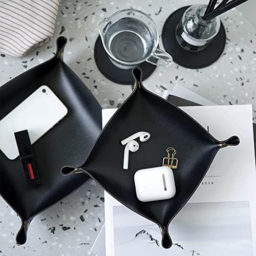 Valet Tray, Leather Tray, Small Catchall Tray, Foldable Jewelry Travel Organizer, Suitable for Travel, Storage, Nightstand, Home or Office (Black-S) - Image 3