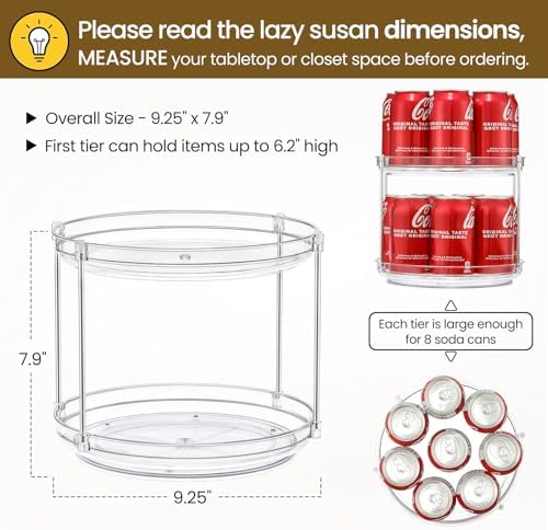 2 Tier Non-Skid Acrylic Lazy Susan Turntable Organizer - Rotating Spice Rack - Spinning Organization Tray for Kitchen, Pantry, Countertop, Closet, Bathroom, Vanity, Medicine Cabinet Organizing, 9.25'' - Image 2