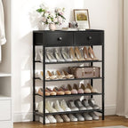 5 Tier Shoe Rack with Drawers, Metal & Wood Shelf Black - Image 2