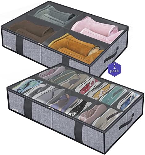 Onlyeasy Under Bed Shoe Storage Organizers for Kids and Adults Fit 14 Pairs of Shoes & 4 Pairs of Boots, Sturdy Underbed Organizer with 2 Strong Zippers and 4 Handles, Linen-like Grey, MXDUBS14S4 by Onlyeasy