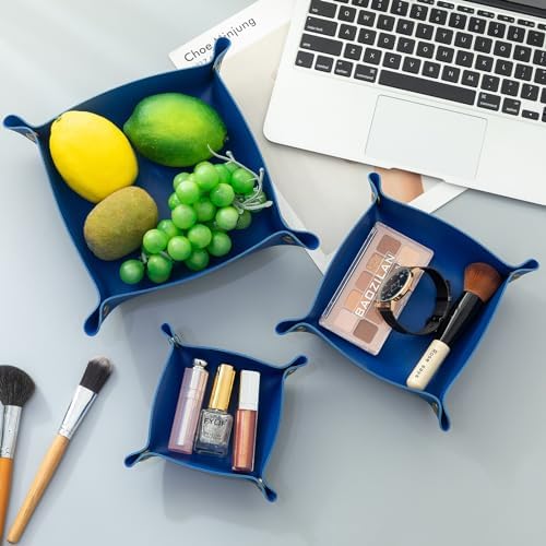 3 packs PU Leather Tray in 3 Sizes Jewelry Tray Glossy Leather Desk Organizer Leather Catchall Tray for Jewelry/Key/Coin/Sun Glasses/Watch/USB Cables etc. (Klein blue) - Image 3
