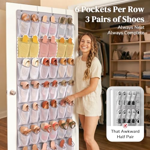 48 Pockets Over The Door Shoe Organizer, Large Mesh Hanging Shoe Rack, 6-Column Heavy Duty Shoe Storage for Sneakers and Heels, Behind Door Holder for Entryway Bedroom Dorm College, Gray - Image 3