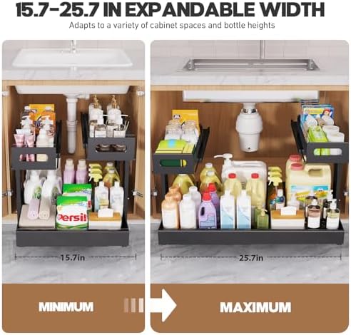 1 Pack-16"-26"W Expandable Under Sink Organizer With Upgrade Ball-Bearing Slide,2-Tier Pull Out Under Cabinet Organizer Height Adjustable,Not Suitable For Cabinets With Partitions In The Middle - Image 7