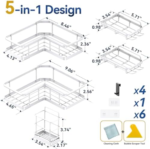 YASONIC Corner Shower Caddy Adhesive, 100% Rustproof Shower Organizer with Soap and Troothbrush Holder, No Drill Shower Shelf for Inside Shower, Wall-Mounted Shower Storage for Homes (5 Pack, White) - Image 7