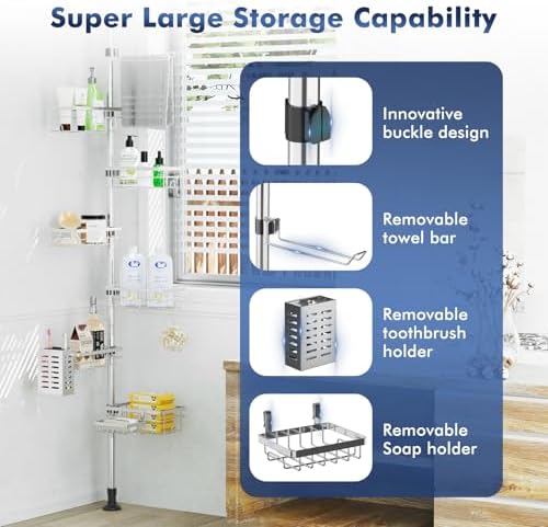 Shower Caddy Corner Tension Pole,Stainless Steel Shelves Bathroom Organizer - Image 2