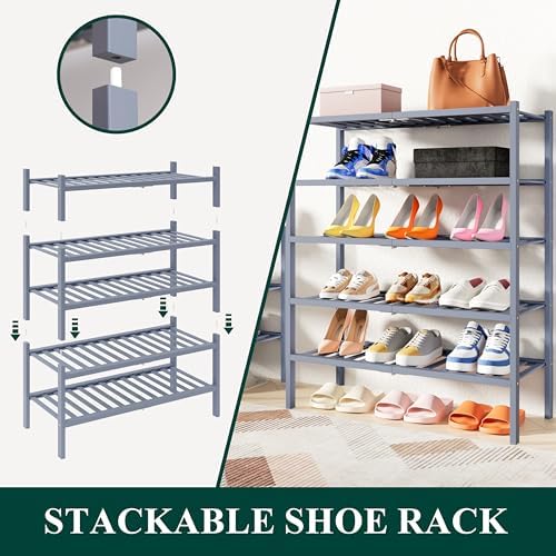 Smiry Bamboo Shoe Rack, 14 Vertical Slats, 3 Tier - 26.8" Wide, Grey - Image 4