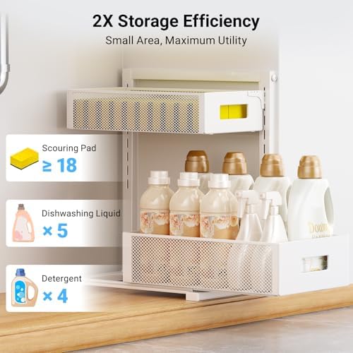 TISTAYA Pull-Out Under Kitchen Sink Organizer, Metal Functional Under Sink Organizer, Height Adjustable Under Bathroom Sink Organizer, Under Sink Storage for Kitchen Bathroom Cabinet (White) - Image 6