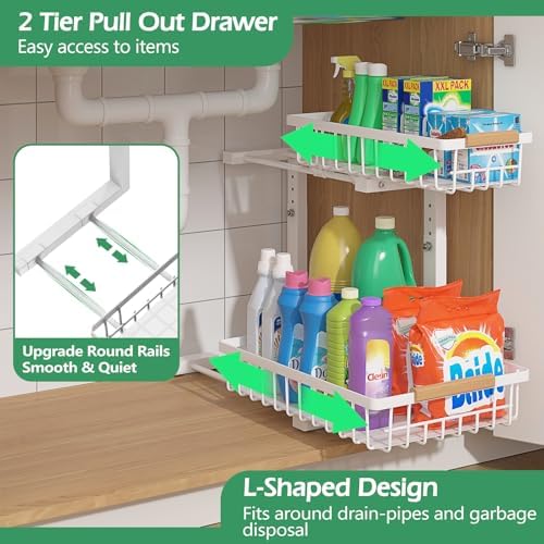ADRIMER Under Sink Organizer 2 Packs, Pull Out Kitchen Sink Organizer, 2 Tier Slide Out Kitchen Organizers and Storage Bathroom Under Cabinet Storage Shelf, White - Image 2