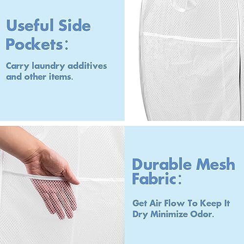 2 Pack Pop Up Laundry Hampers, 70 L Collapsible Foldable Mesh Basket, White - Image 4