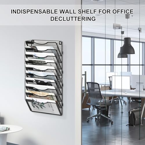 EasyPAG Wall File Organizer for Office 10 Pocket Mesh Wall Mounted Paper Organizer Hanging Folder Holder with Nametag Label for Home School, Black - Image 3