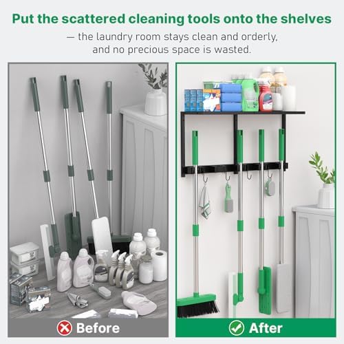 CCCEI Broom and Mop Wall Mount with Shelf, Laundry Room Cleaning Tools Organization Hanging Rack with Hooks, Bathroom, Garage, Garden Organizers and Storage. All Metal, Black, 1 Pack. - Image 6