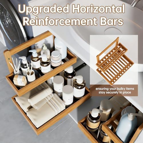 Bamboo Under Sink Organizer - 2 Tier Pull Out Cabinet Shelves with Adjustable Height, Undersink Storage Slide Out for Kitchen Bathroom Cabinet Pantry (Natual, 2 Packs) - Image 6