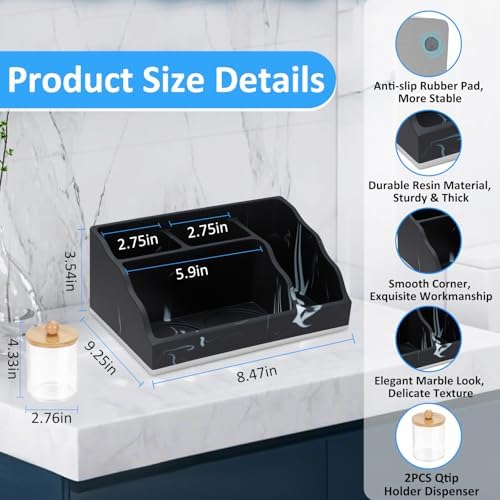 Bathroom Counter Organizer, Black Marble Toothbrush Holders for Bathrooms with 2PCS Qtip Holder, Bathroom Organizer Countertop Toothbrush and Toothpaste Holder for Makeup Organizer for Vanity - Image 3