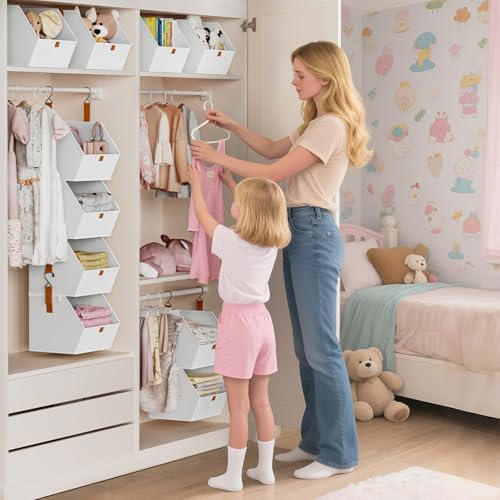 Homsorout Hanging Closet Organizer 4 Tier - Clothes Hanging Shelves, Space-Saving Closet System, Fabric Storage Bins Bedroom Organization, Collapsible Baskets for Home, Dorm, Rv, White, 8 Pack - Image 6