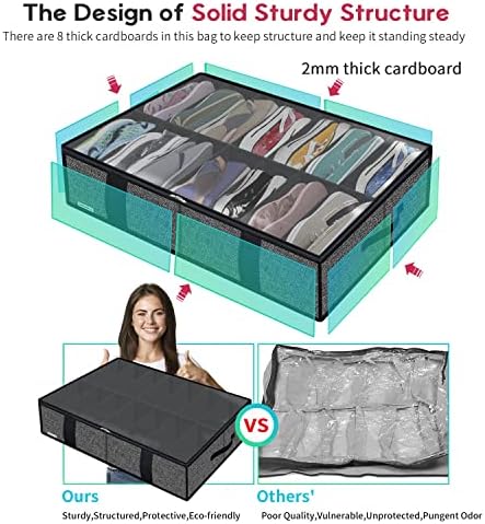 Onlyeasy 2 Pack Under Bed Shoe Storage Organizers with Handles & Clear window (Fit 14 +14 Pairs), Sturdy Underbed Box Organizer Shoe Storage Bags for Kids & Adults, Linen-like Black, MXAUBS14S14 - Image 4