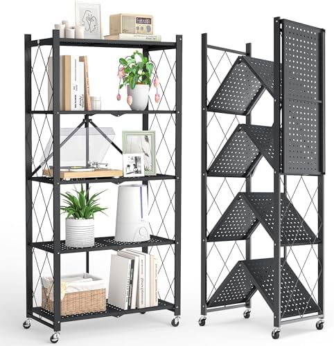 Fenbeli Foldable Shelves with Wheels - 5 Tier Folding Shelf, Collapsible No Assembly Metal Shelving Unit, Origami Storage Shelves & Rolling Storage Rack with 8 Hooks for Kitchen Pantry Garage by Fenbeli