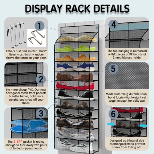 Kotkn Over The Door Shoe Organizer with 12 Large Breathable Pockets - Durable Hanging Storage for the Entire Family's Shoes (Gray) - Image 3