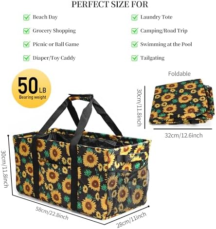 Joyfol Day Extra Large Utility Tote Bag, Reusable Grocery Bags Foldable, Upgraded Metal Frame, With Sturdy Handles Reinforced Bottom Heavy Duty Oxford Fabric Moving Shopping Bags, Sunflower - Image 3