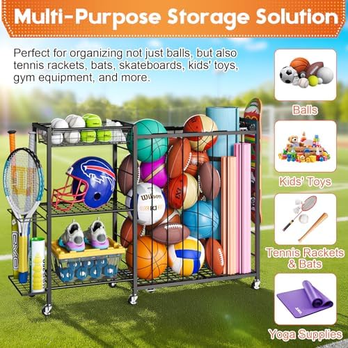 Ball Storage with Elastic Rope for Sports and Outdoors, Garage Organization with Wheels for Sports Gear and Toys, Large-Capacity Sports Equipment Organizer with Baseball Bat Holder and Basketball Rack - Image 5