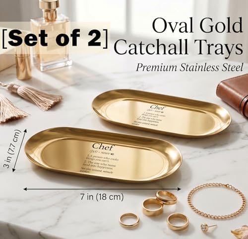 Catchall Tray Set of 2, Stainless Steel Oval Gold Decorative Vanity Tray, 7x3 Inch, Rust Resistant Stackable Modern Polished Finish for Bathroom, Nightstand and Entryway Organization - Image 2
