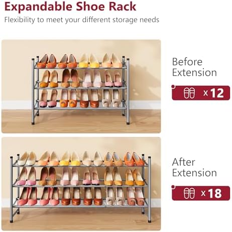 Tajsoon Expandable Shoe Rack for Closet 3 Tier, 28“-41“Stackable, Grey - Image 4