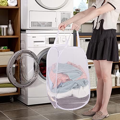 BATTOO Deluxe Strong Mesh Pop up Laundry Hamper Basket with Side Pocket for Laundry Room, Bathroom, Kids Room, College Dorm or Travel 2 Pack White - Image 4