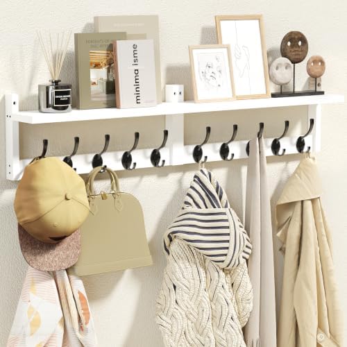 AMBIRD 34.2" L Wooden Wall Coat Hooks with Shelf - Versatile and Decorative Wall-Mounted Storage - 10 Hooks for Hanging Coats, Hats, Keys, Bags, Scarves - Ideal for Entryways, Bedrooms, Closets(White) by AMBIRD