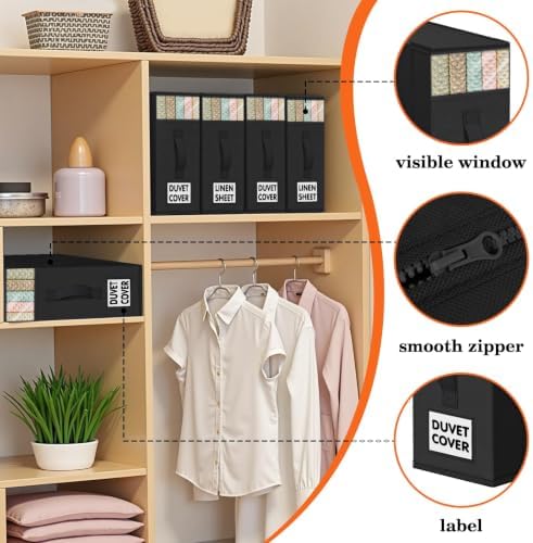 WOWBOX Sheet Organizers and Storage,Closet Bed Sheet Organizer Under Bed Storage and Organization with Label Cards & Clear Window for Bedding Sheets,Duvet Covers,Blankets (10 Pack，Black) - Image 2