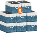 Fab totes Storage Bins 8-Pack, Foldable Storage Baskets for Organizing Toys, Books, Shelves, Closet, Large Storage Box with Rope Handles, Sturdy Organizer Bins, White & Blue by Fabtotes