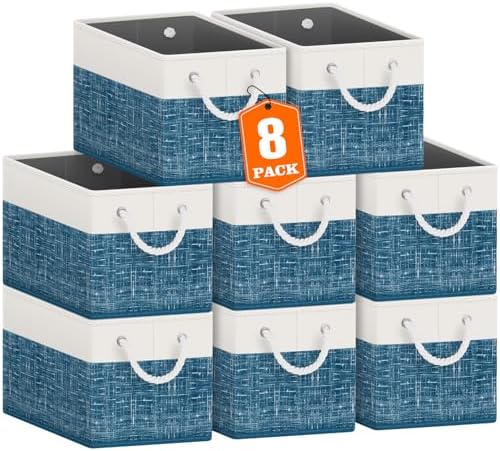 Fab totes Storage Bins 8-Pack, Foldable Storage Baskets for Organizing Toys, Books, Shelves, Closet, Large Storage Box with Rope Handles, Sturdy Organizer Bins, White & Blue by Fabtotes