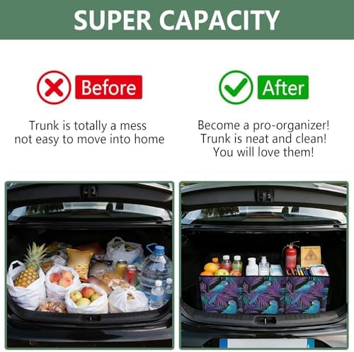 Trunk Organizer Collapsible Car Organizer with Handle Car Storage Box Bin for Groceries SUV Utility Tote Bag Portable Vehicle Container Parrot and Palm Leaf Black - Image 4