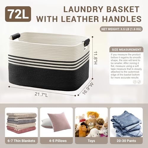 72L Large Woven Laundry Basket Hamper with Leather Handles,Black - Image 2