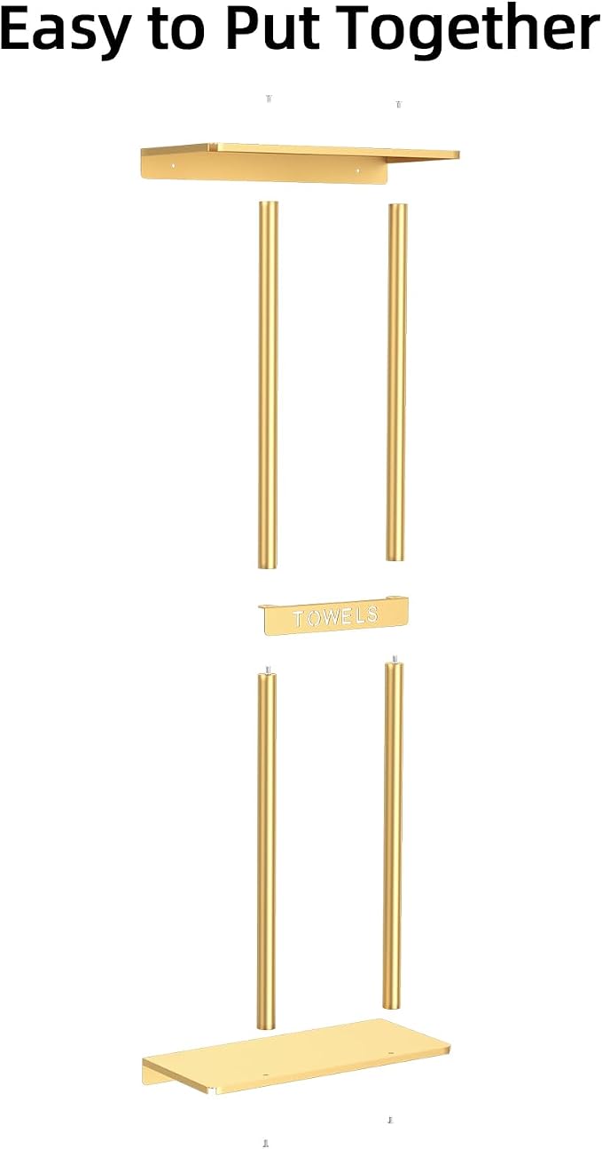 STWWO Bathroom Towel Storage Rack for Bathroom, 30 inch Towel Racks Wall Mounted with Shelf Can Holds 6 Large Towels, Wall Towel Rack for Rolled Towels, Gold - Image 6