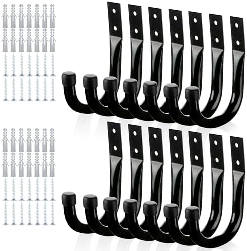 KURUI Large Metal Wall Hooks for Hanging Living Room/Bedroom/Garage, 14Pcs Garage Organization and Storage Hook for Tool Coat Backpack Bag, Black Wall Mount Hanges for Outdoor Indoor by KURUI