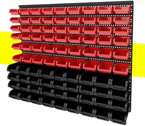 90Pcs Plastic Wall Mounted Storage Bins Parts Rack Nuts And Bolt Bins Organizer For Shop Garage for Screws, Nuts, Bolts, Nails, Beads, and Small Hardware Parts(RED+BLACK, 90) by Unknown