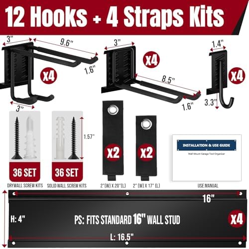 66" Garage Tool Organizer Wall Mount,20 PCS Wall Mounted Garden Tool Storage Rack Carries 720lbs, 4-Panel Steel Tool Hanger System for Shovels Rakes Brooms – Fits 16" Wall Studs - Image 3