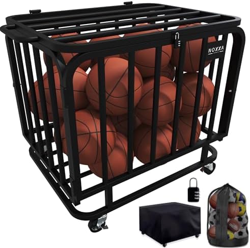Ball Cart - Basketball Cart with Wheels, Ball Cage Garage Sports Equipment Organizer, Metal Rolling Multi Sports Ball Storage for Gym, Lockable Lid, Indoor and Outdoor. by NOXXA