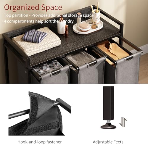 Herture Laundry Hamper with Shelf, Laundry Basket 3 Section, Laundry Sorter with Pull-Out Removable Large Bags and Movable Wheels, Metal Frame, 3 x 15.87 Gallons (60L), Black and Gray PF04XLC - Image 3