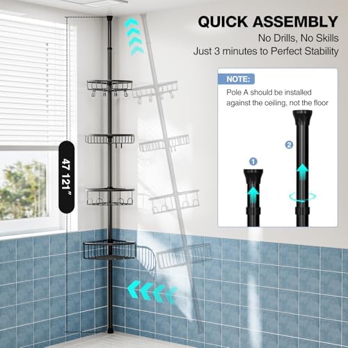 Corner Shower Caddy Tension Pole: Stainless Steel Rustproof 4-Tier Shower Organizer - 47-121 inch Adjustable Bathroom Shelves for Bathtub Shampoo Storage - Tension Rod Floor Standing Bath Rack - Black - Image 2