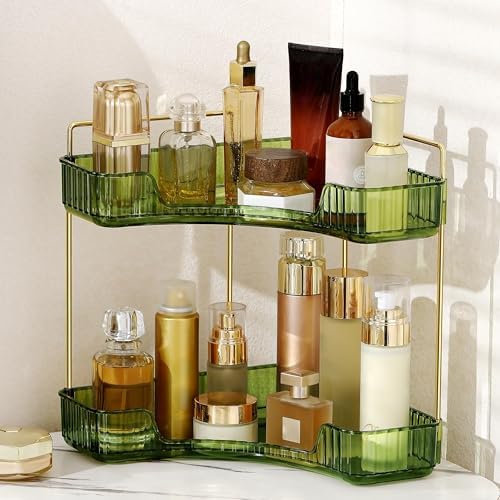 Corner Bathroom Counter Organizer Bathroom Countertop Shelf Makeup Organizer for Vanity Perfume Tray for Corner Storage (2 Tiers, Green) by Weidace