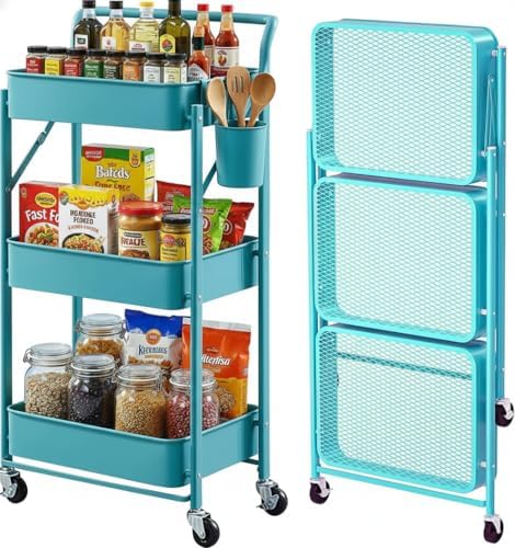 Foldable Rolling Cart 3-Tier Small Foldable Utility Storage Cart Multifunctional Metal Storage Bin Heavy Duty Organizer Carts with Rolling Wheels for Home Office (Turquoise) by Payeel