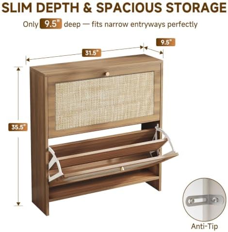 Nicetree Shoe Storage Cabinet for Entryway, Slim Shoe Rack with 2 Flip Drawers, Modern Boho Square Cane Engineered Wood Storage Cabinets, Narrow Shoe Organizer, Caramel - Image 2