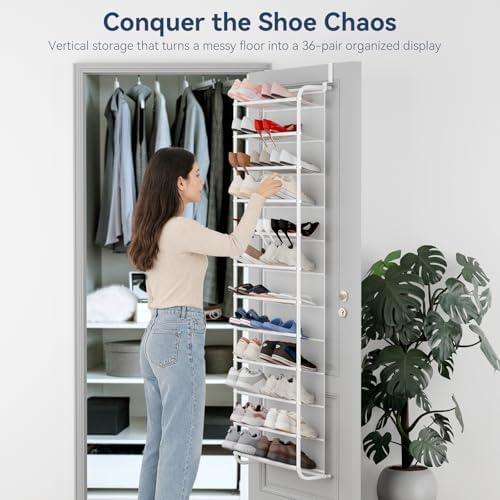 Whitmor 36 Pair Over The Door Shoe Organizer, 12 Tier Hanging Shoe Organizer, Heavy Duty Metal & Mesh Shoe Holder, Hanging Shoe Rack for Closet Organizer & Storage, 74" H x 21.7" W x 7.5" D, White1 - Image 3