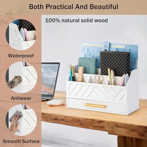 dreampossible white Wood Desk Organizer and Accessories with Drawer, Bill Mail Organizer and File Mail Holder for Office Supplies, Modern Desk Accessories & Workspace Organizers for Desk Organization - Image 2