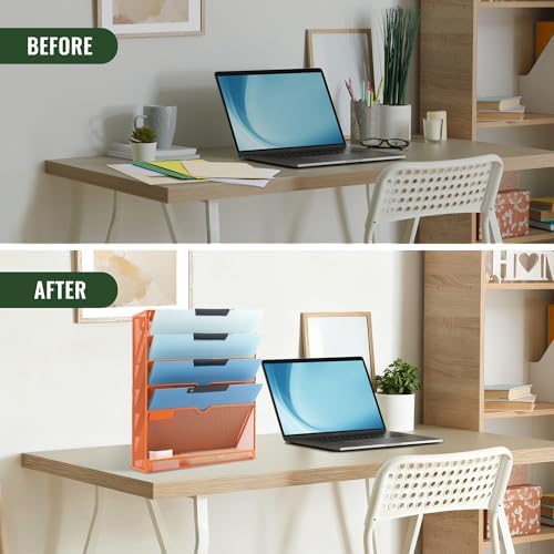 EASEPRES 6 Tier Mesh Hanging Wall File Organizer, Desk Vertical Mail Paper Document Folder Holder Rack with Bottom Tray and Nametag Label for Office Home School, Orange - Image 5