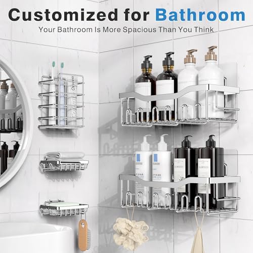 EUDELE 5-Pack Adhesive Shower Caddy Organizer, Large Capacity Rustproof Stainless Steel Shower Shelves, No Drill Bathroom Storage for Shower, Kitchen & Home Decor - Image 2