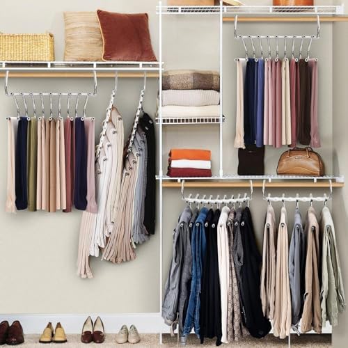Upgrade 9 Layers Pants Hangers Space Saving, 4 Pack Multifunctional Pants Rack Non Slip Stainless Steel Clothes Space Saver Hangers Closet Organizers Storage for Pants Jeans Legging Skirt, Silky White | Metal Space Saving Hangers Multi-Layer Multifunct... - Image 5