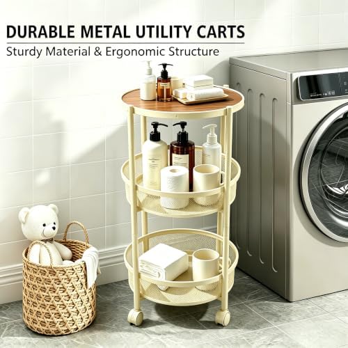 3-Tier Foldable Rolling Cart, Collapsible Metal Utility Cart with Wheels, Assembly-Free, Round Storage Organizer Trolley for Kitchen, Bathroom, Dorm, Nursery-Light Yellow - Image 6